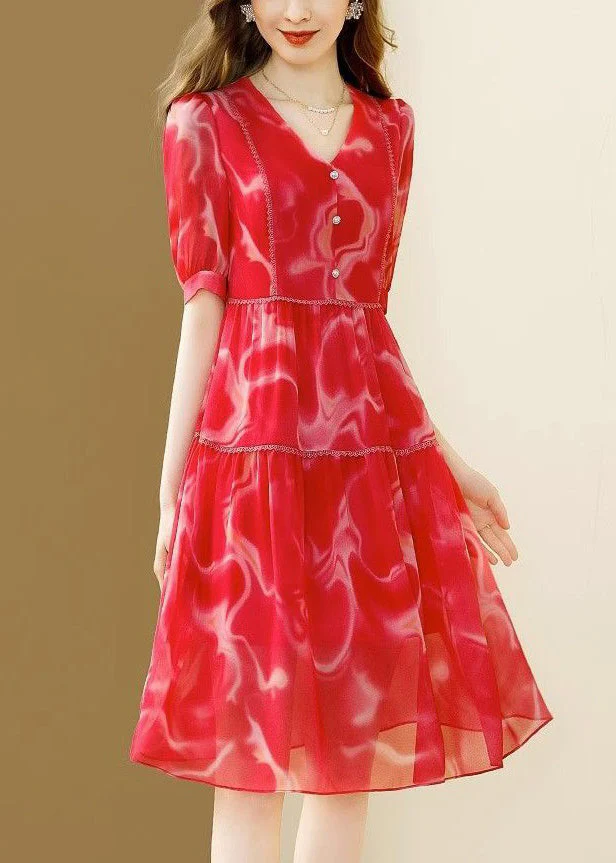 New Red V Neck Print Patchwork Chiffon Dress Short Sleeve - Image 3