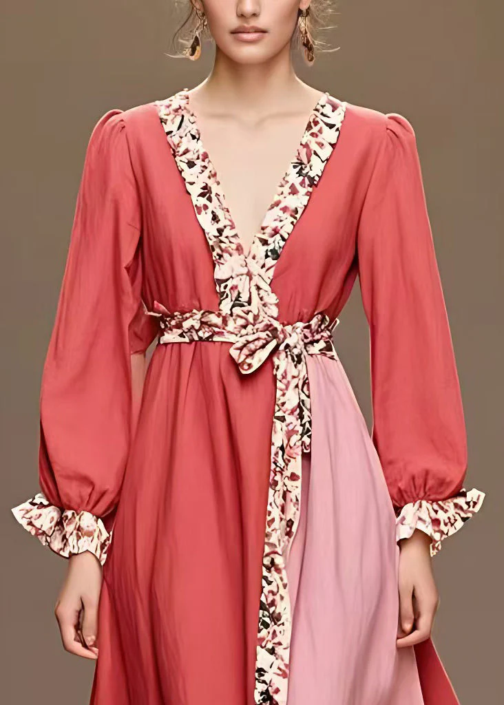 New Red V Neck Print Patchwork Cotton Long Dresses Long Sleeve - Image 3