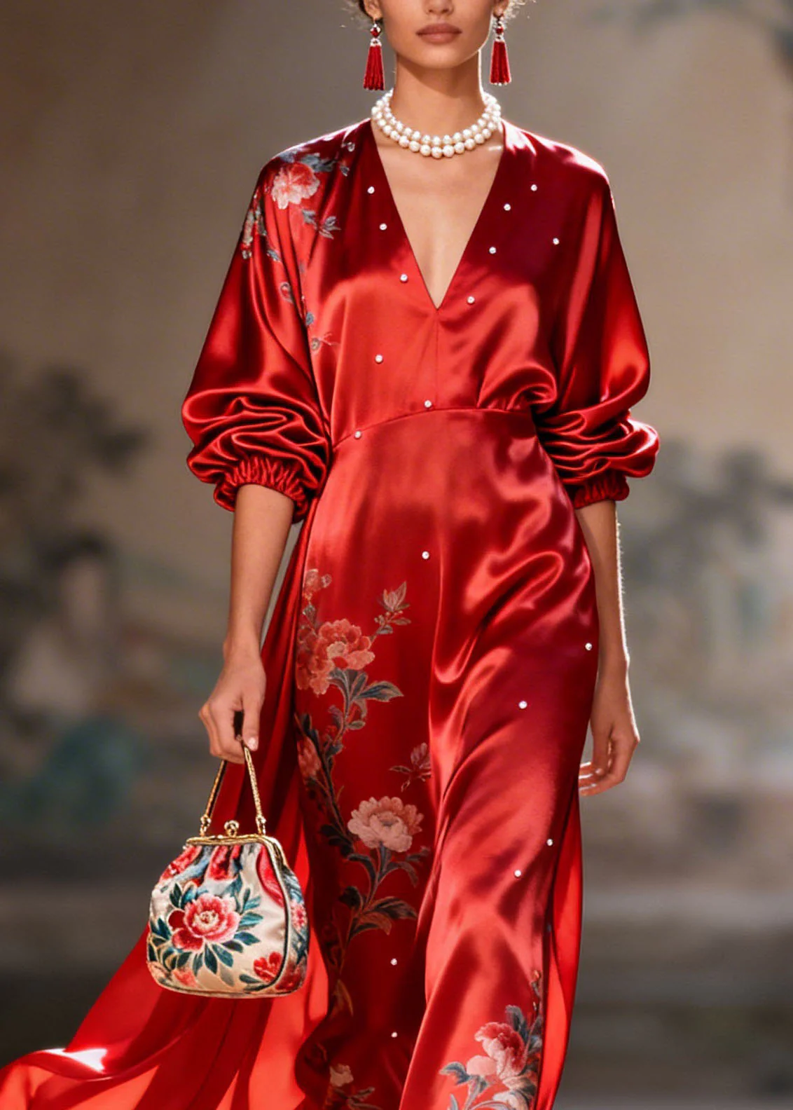 New Red V Neck Print Pearl Silk Long Dress Summer - Image 2