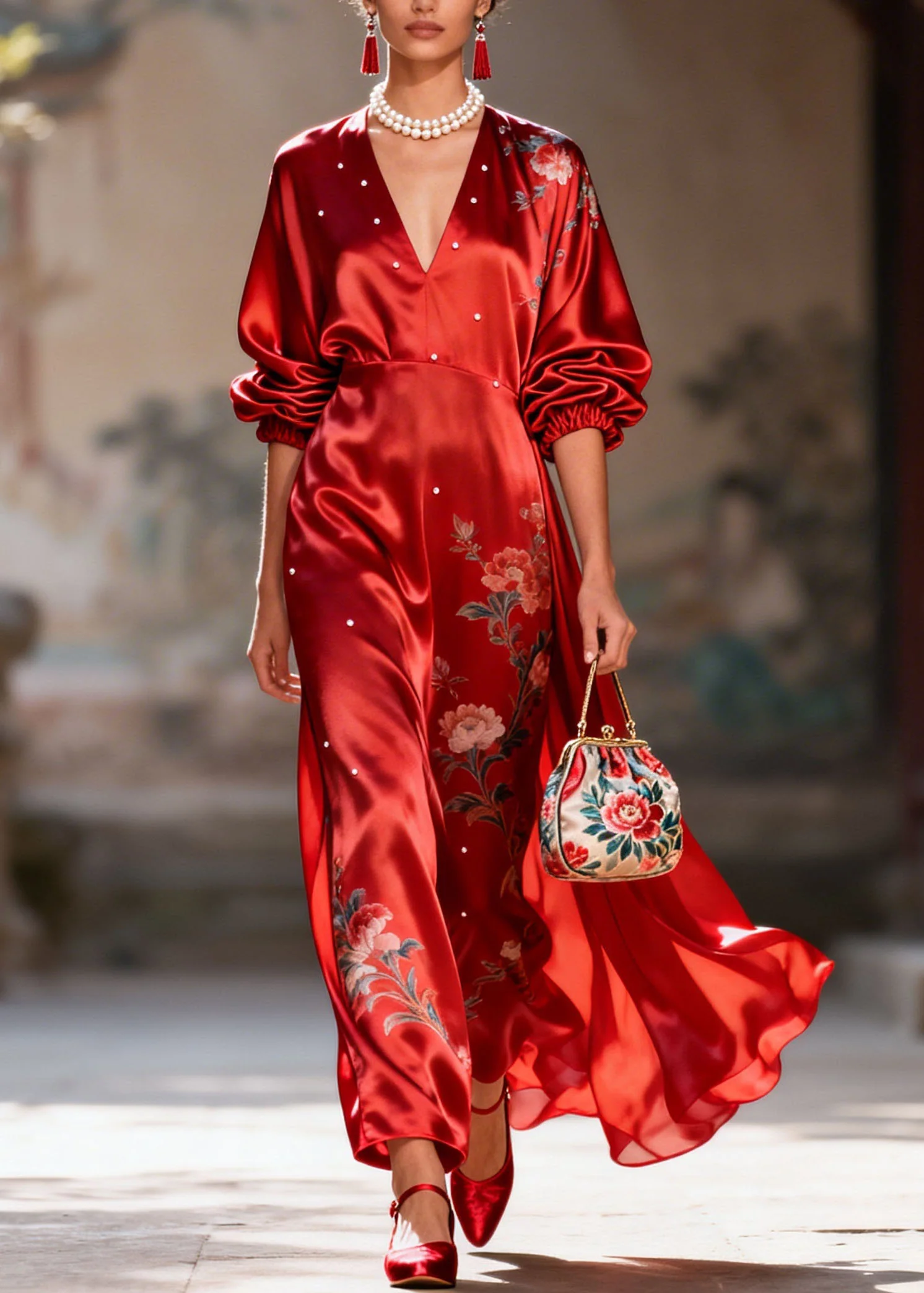 New Red V Neck Print Pearl Silk Long Dress Summer - Image 3