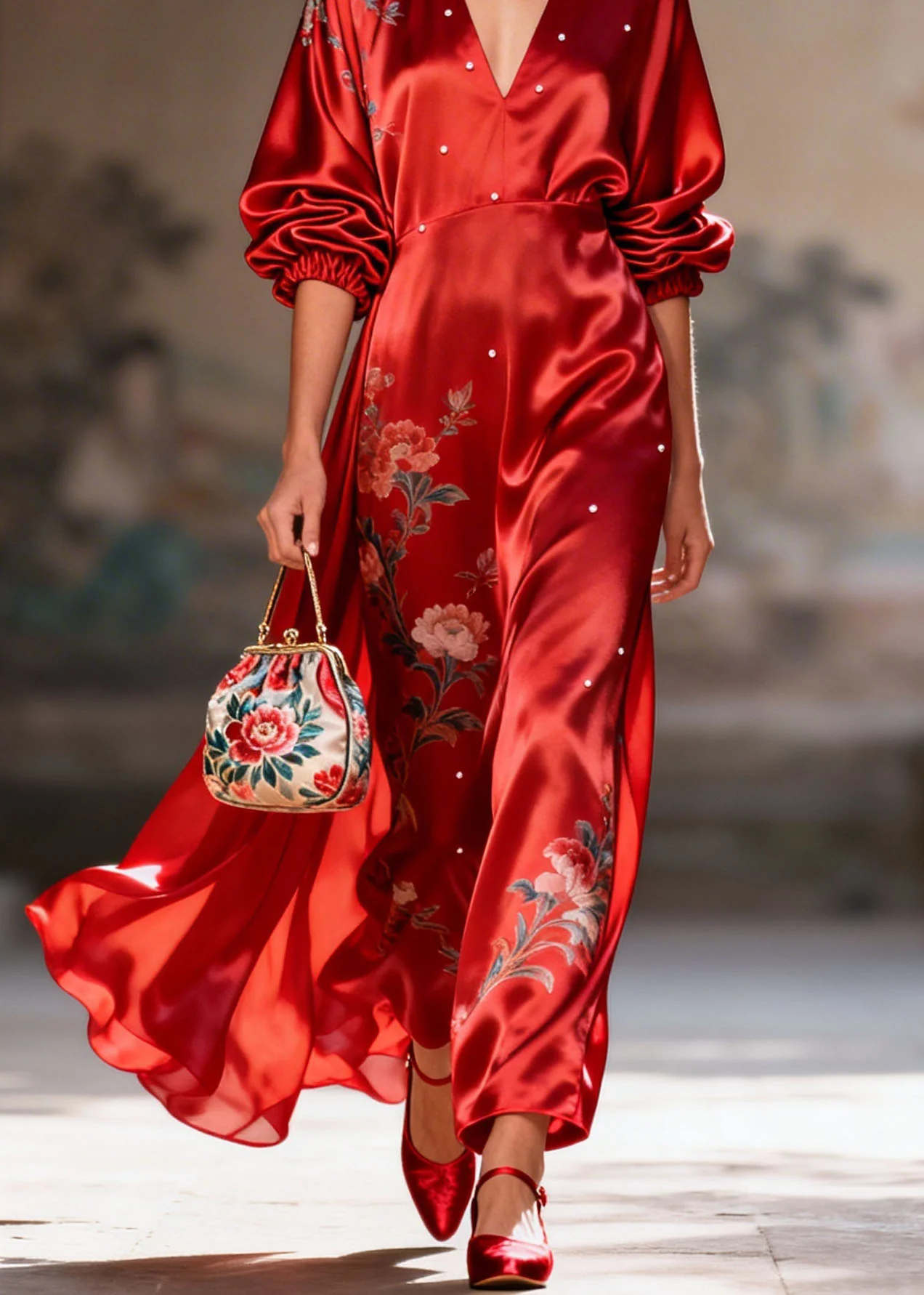 New Red V Neck Print Pearl Silk Long Dress Summer - Image 4