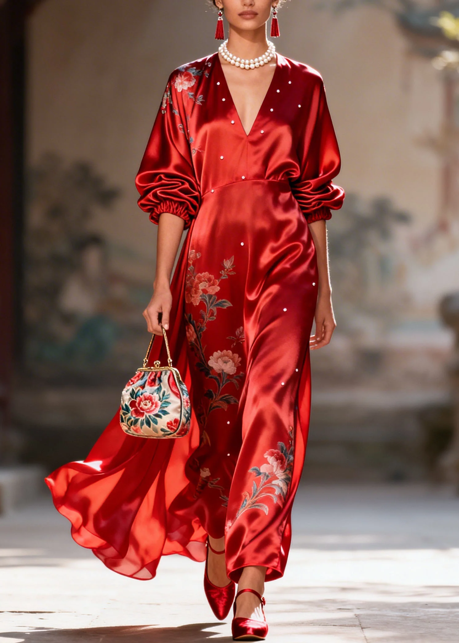 New Red V Neck Print Pearl Silk Long Dress Summer - Image 5
