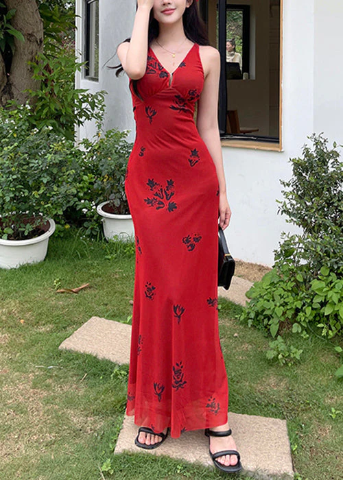 New Red V Neck Print Tulle Maxi Dresses Sleeveless - Image 2