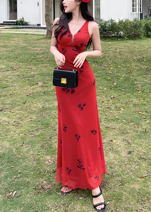 New Red V Neck Print Tulle Maxi Dresses Sleeveless - Image 3