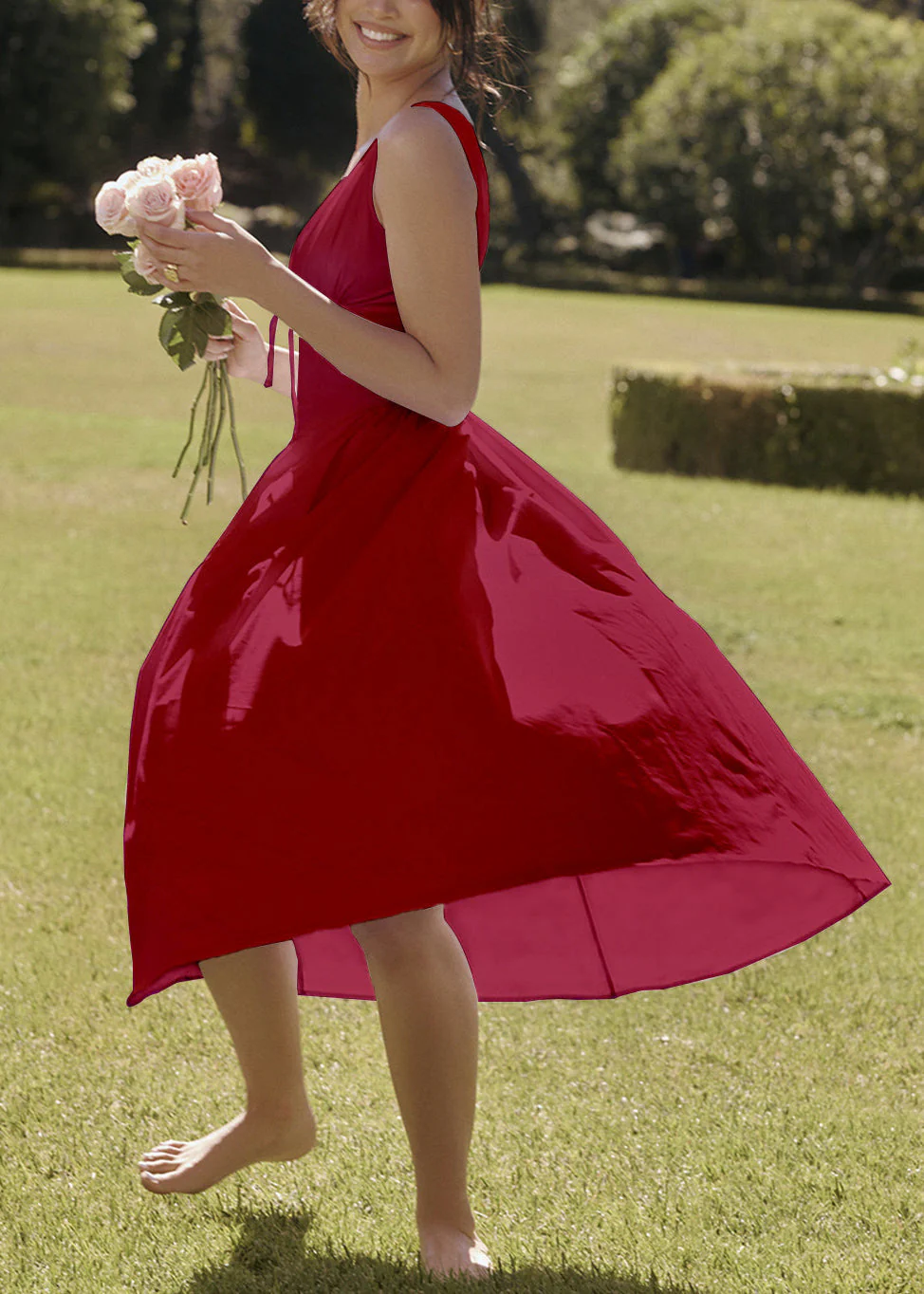New Red V Neck Solid High Waist Cotton Dresses Sleeveless - Image 5