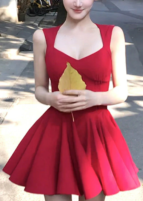 New Red V Neck Zippered Cotton Mini Dresses Sleeveless - Image 2