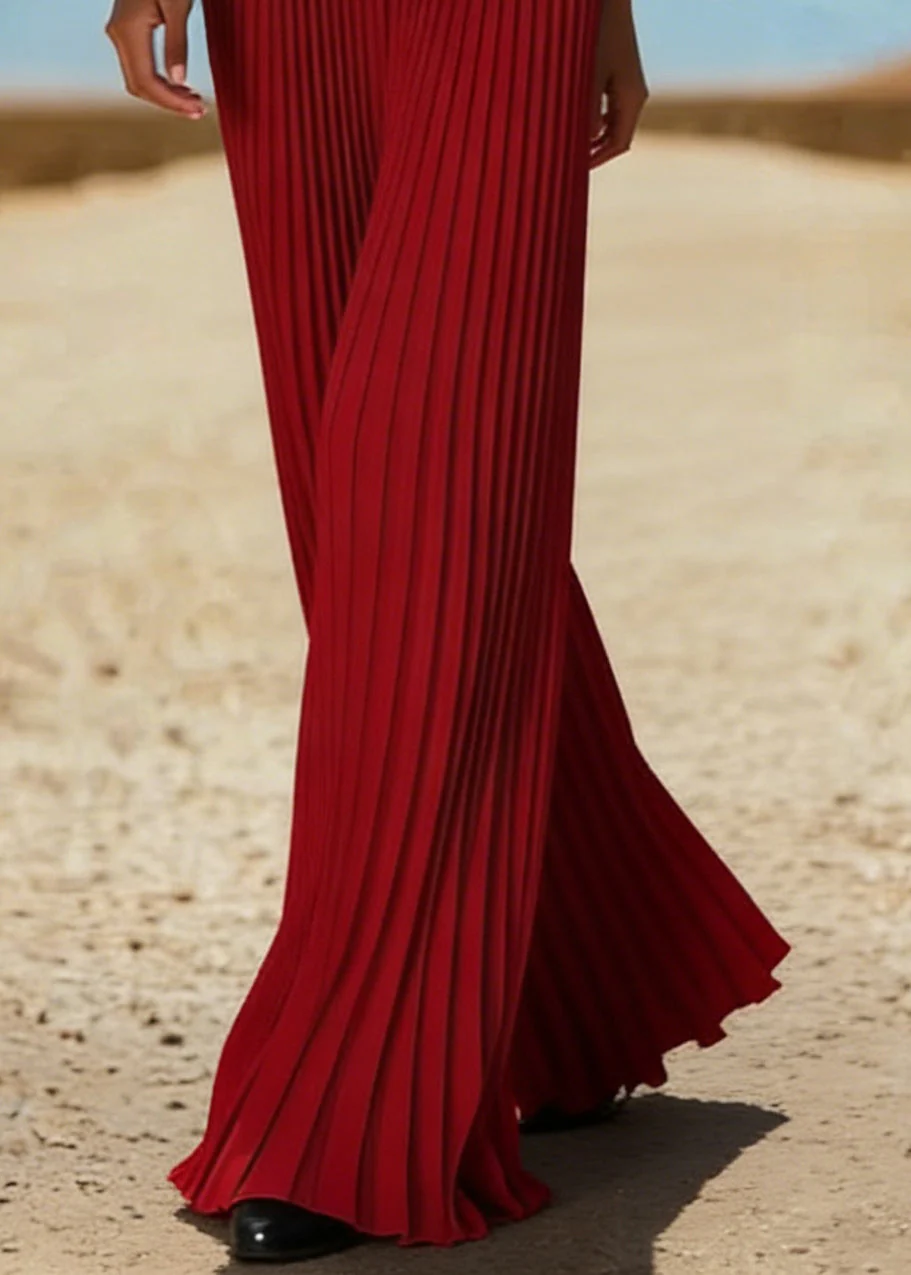 New Red Wrinkled Knit Patchwork Wide Leg Pants Summer - Image 4