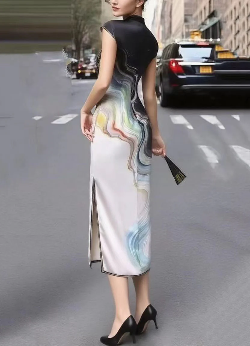 New Retro Black Print Silk Oriental Womens Dress Summer - Image 2