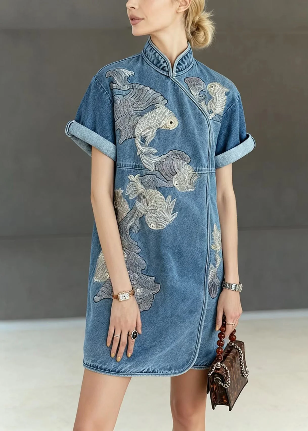 New Retro Blue Mandarin Collar Embroidered Denim Mini Dress Summer - Image 3