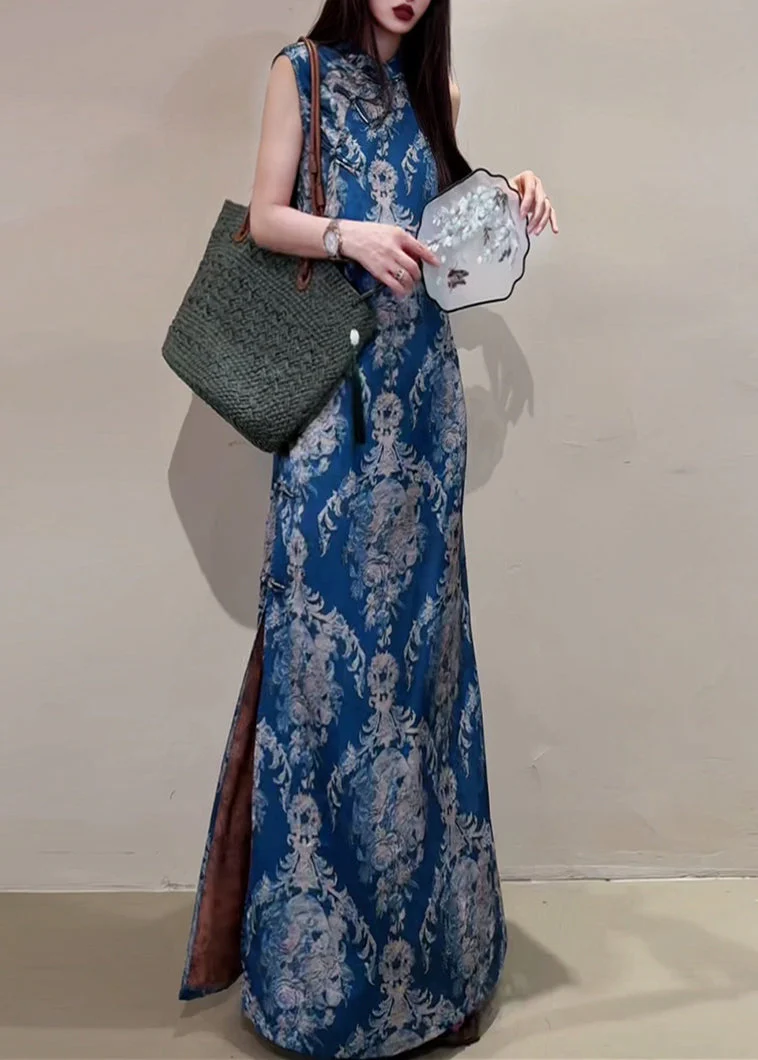 New Retro Blue Print Side Open Silk Oriental Dress Summer - Image 2