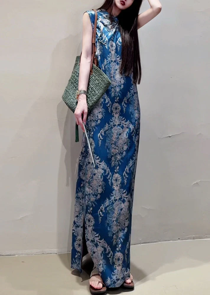 New Retro Blue Print Side Open Silk Oriental Dress Summer - Image 3