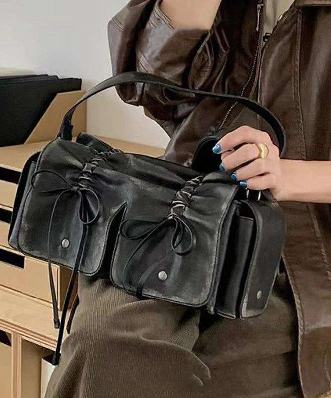 New Retro Brown Pockets Bow Faux Leather Satchel Handbag - Image 2