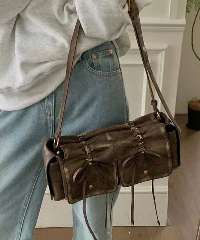 New Retro Brown Pockets Bow Faux Leather Satchel Handbag - Image 3