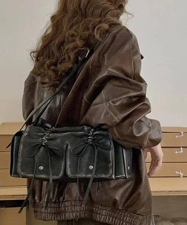 New Retro Brown Pockets Bow Faux Leather Satchel Handbag - Image 4