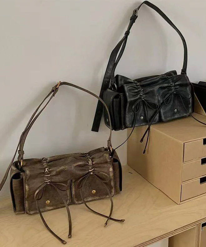 New Retro Brown Pockets Bow Faux Leather Satchel Handbag - Image 5