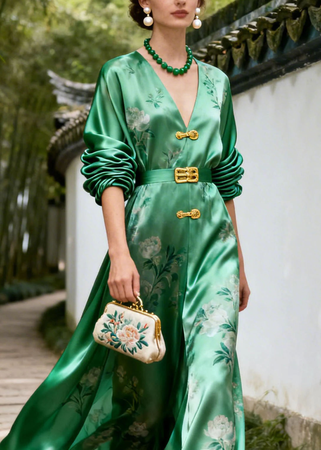 New Retro Green V Neck Print Patchwork Silk Dresses Summer - Image 2