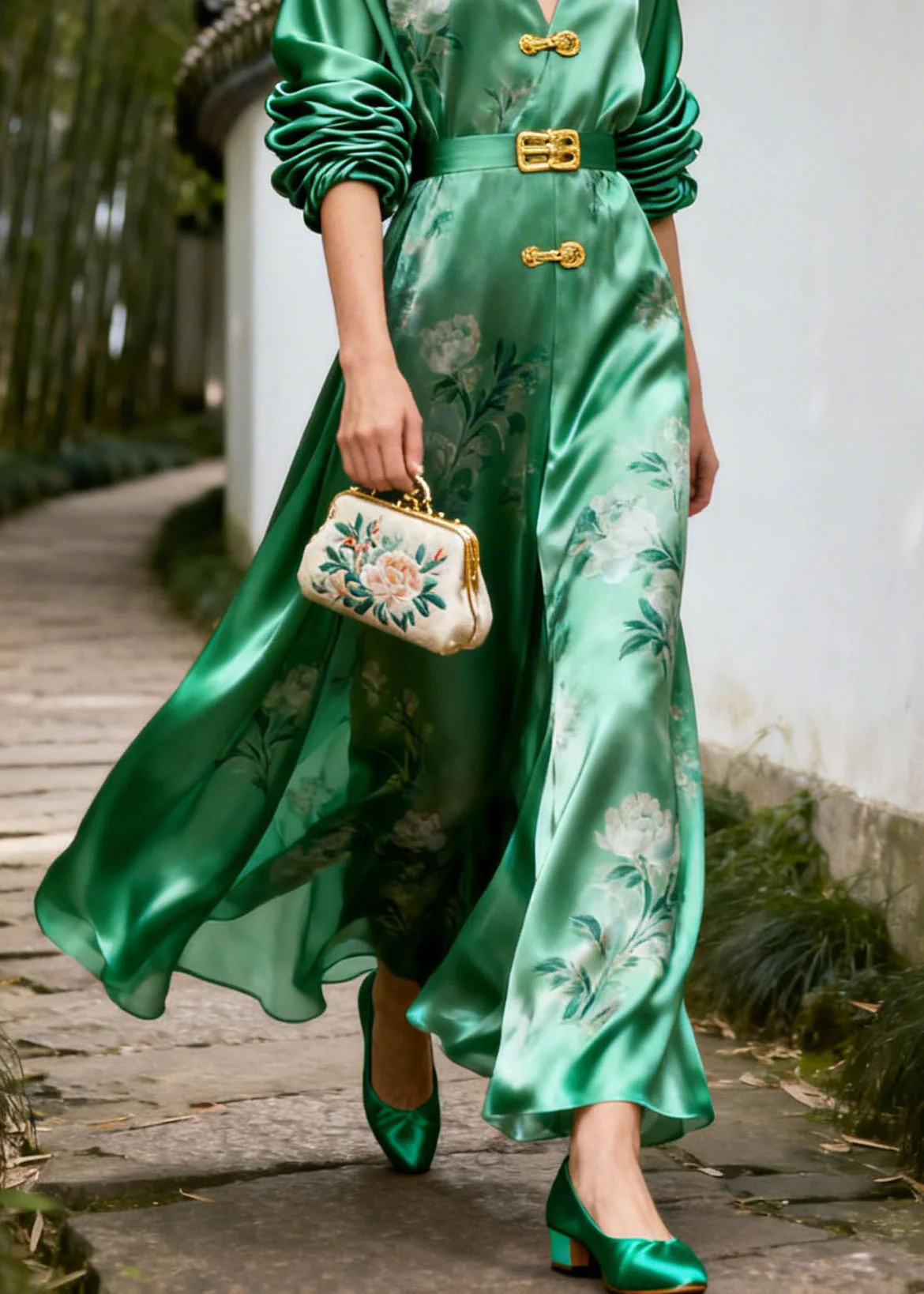 New Retro Green V Neck Print Patchwork Silk Dresses Summer - Image 4