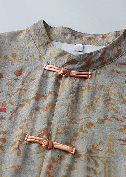 New Retro Khaki Print Chinese Button Oriental Dresss Spring - Image 2