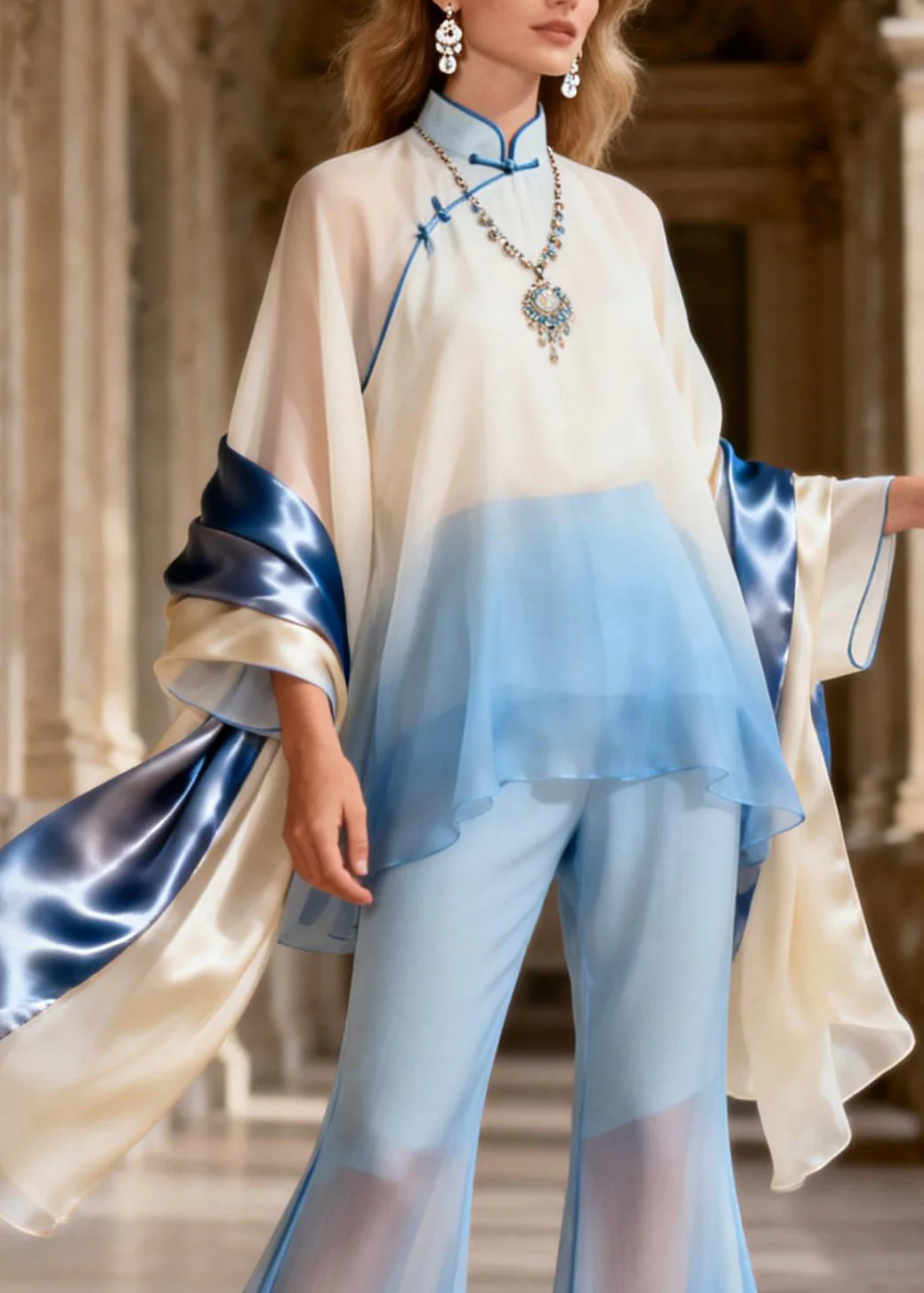 New Retro Mandarin Collar Silk Two Pieces Set Spring - Image 2