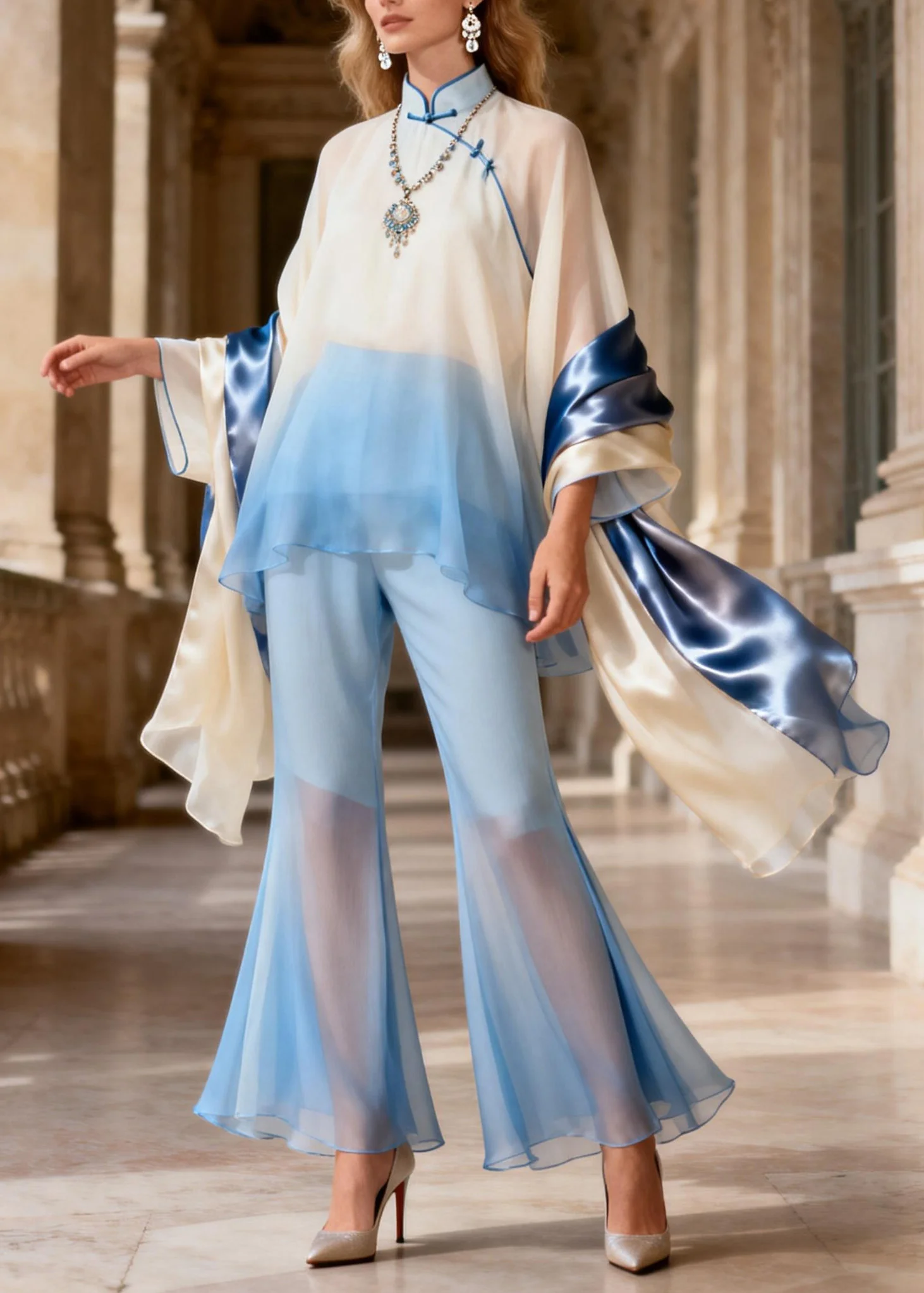 New Retro Mandarin Collar Silk Two Pieces Set Spring - Image 3
