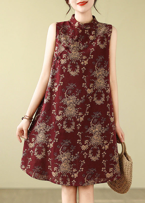 New Retro Mulberry Mandarin Collar Print Cotton A Line Dress Sleeveless - Image 2