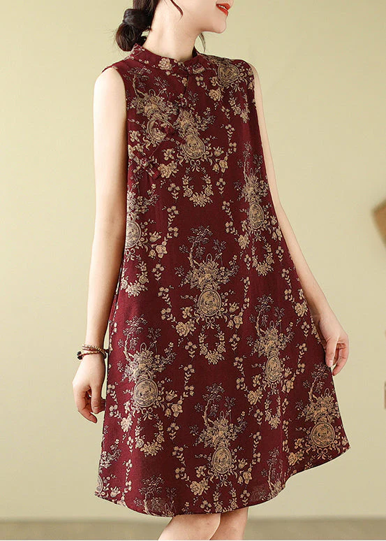New Retro Mulberry Mandarin Collar Print Cotton A Line Dress Sleeveless - Image 3