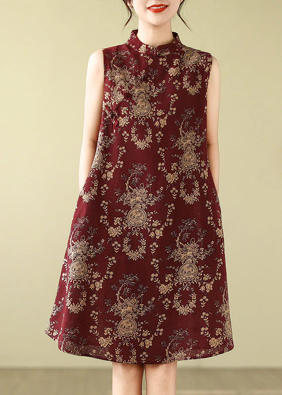 New Retro Mulberry Mandarin Collar Print Cotton A Line Dress Sleeveless - Image 4