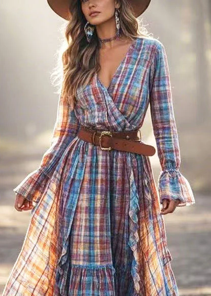 New Retro Multicolor Plaid Exra Large Hem Cotton Tunic Dress Spring - Image 2