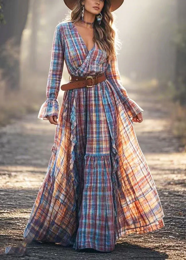 New Retro Multicolor Plaid Exra Large Hem Cotton Tunic Dress Spring - Image 3