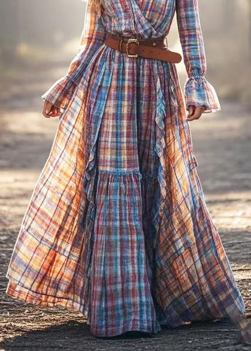 New Retro Multicolor Plaid Exra Large Hem Cotton Tunic Dress Spring - Image 4