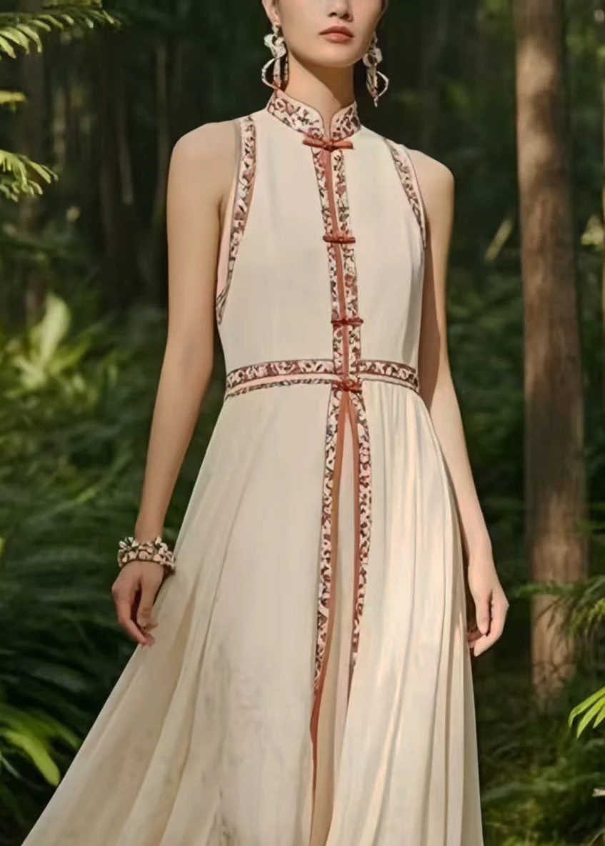 New Retro White Mandarin Collar Exra Large Hem Chiffon Oriental Dress Sleeveless - Image 2