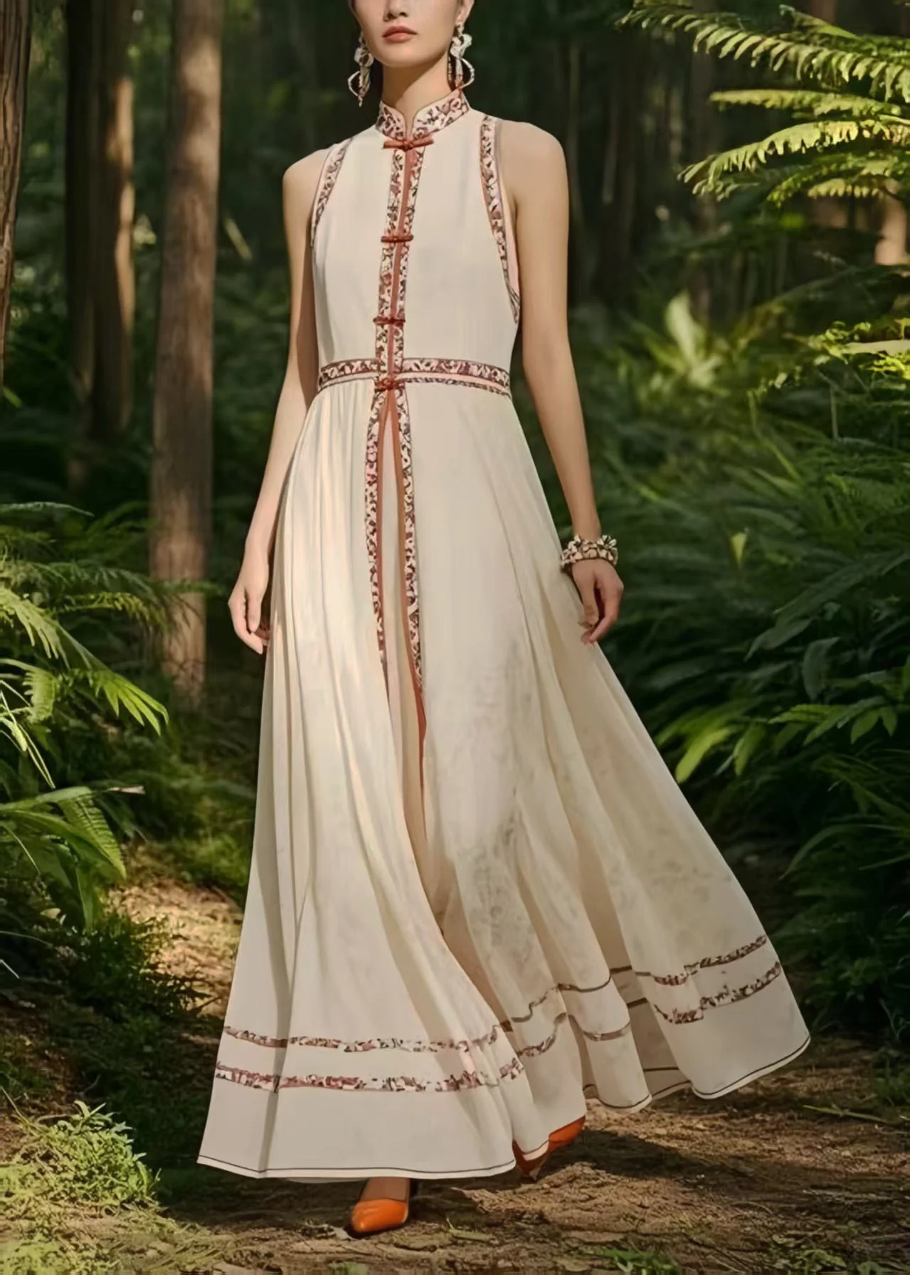 New Retro White Mandarin Collar Exra Large Hem Chiffon Oriental Dress Sleeveless - Image 3