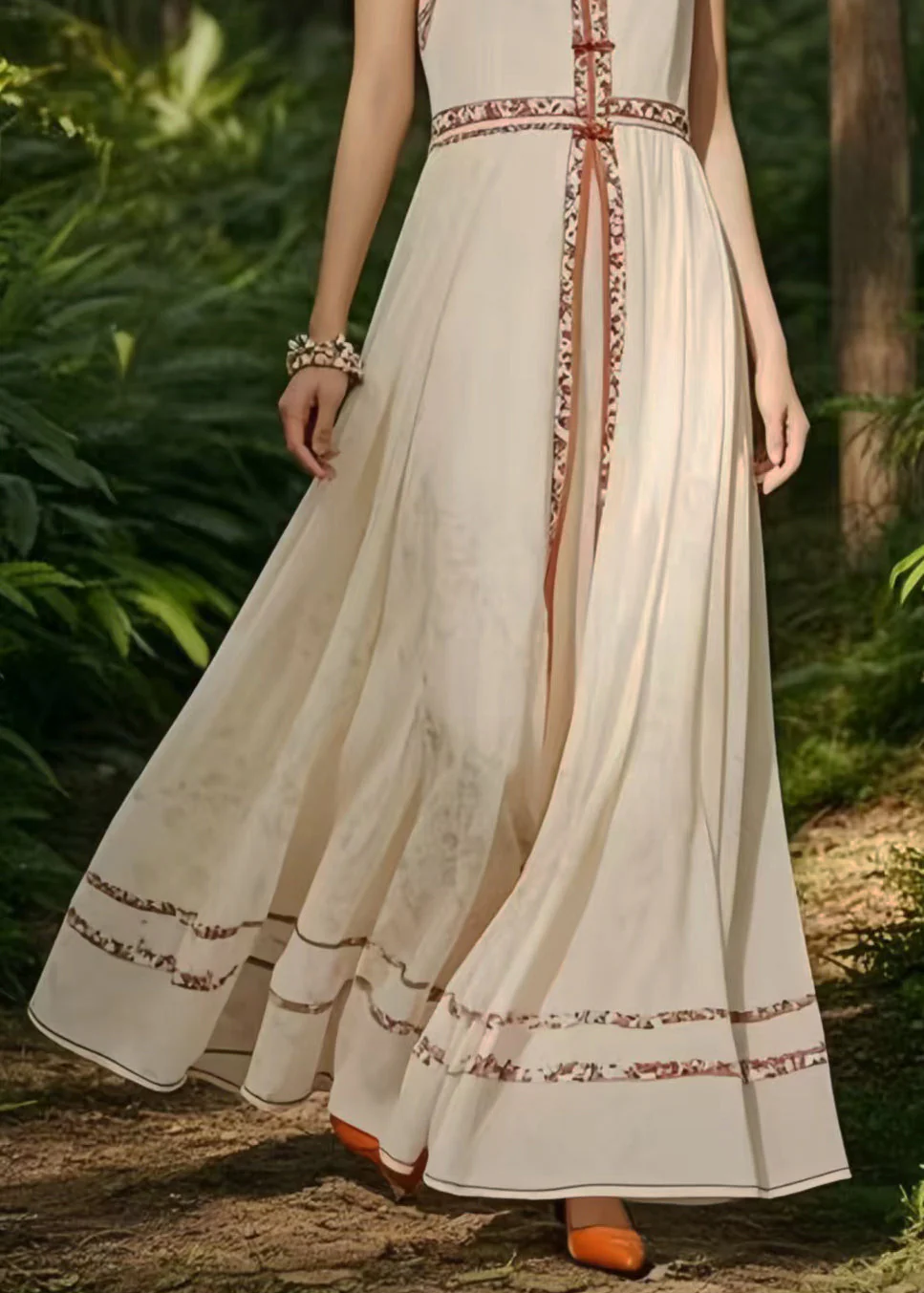 New Retro White Mandarin Collar Exra Large Hem Chiffon Oriental Dress Sleeveless - Image 4