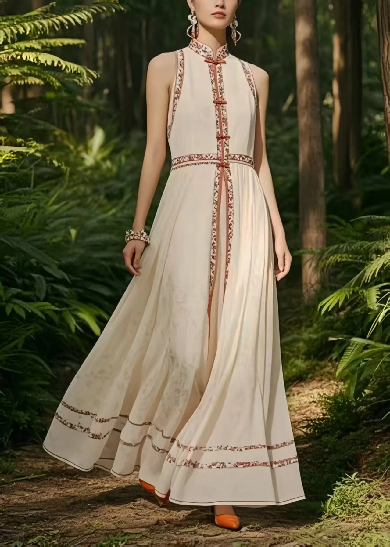 New Retro White Mandarin Collar Exra Large Hem Chiffon Oriental Dress Sleeveless - Image 5