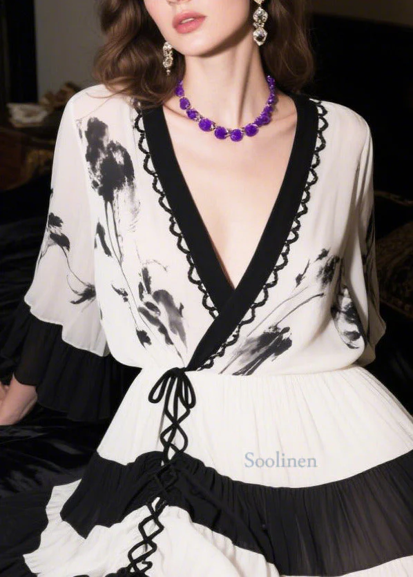 New Retro White Patchwork Cross Strap Chiffon Long Dress Summer - Image 2