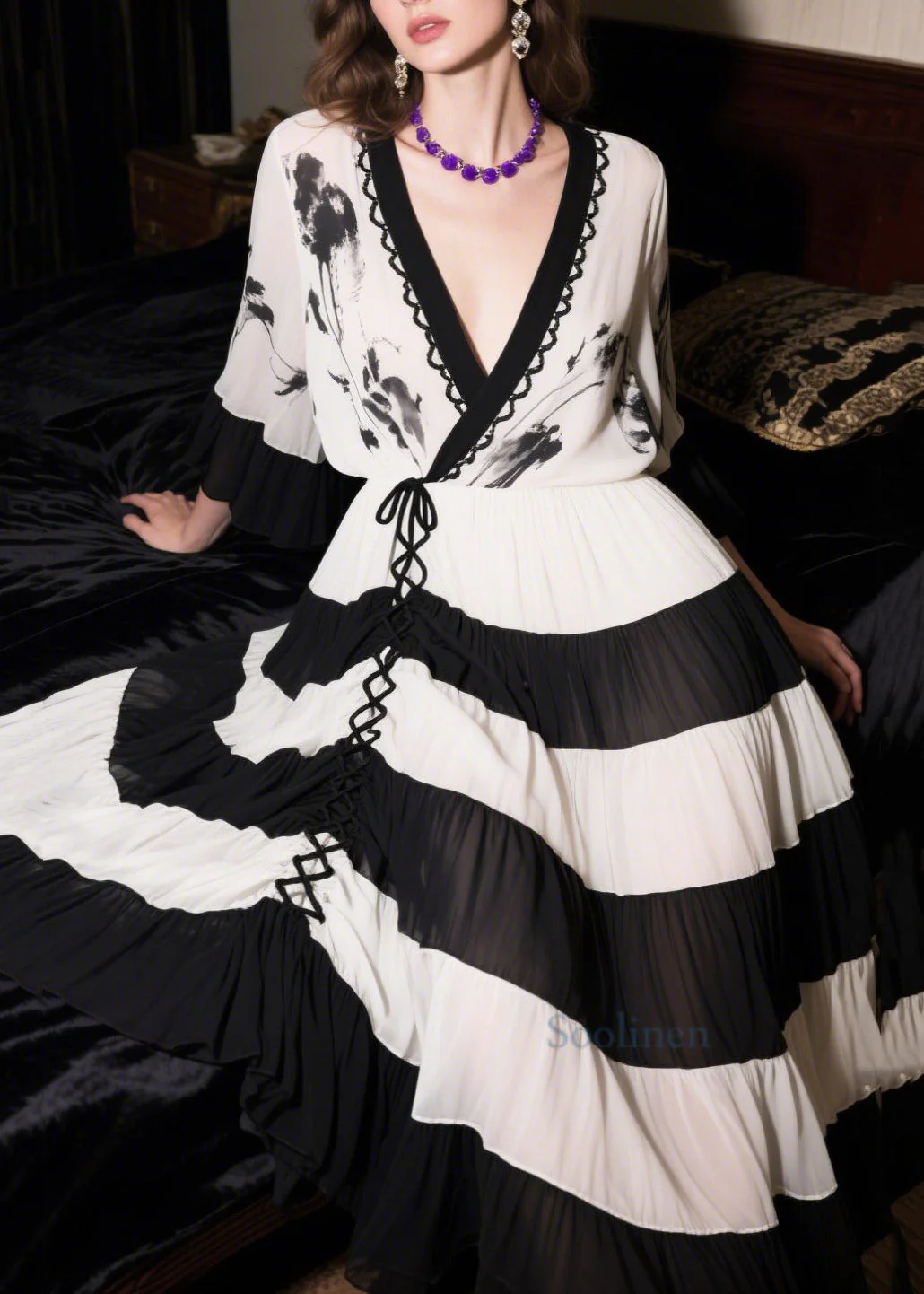 New Retro White Patchwork Cross Strap Chiffon Long Dress Summer - Image 5