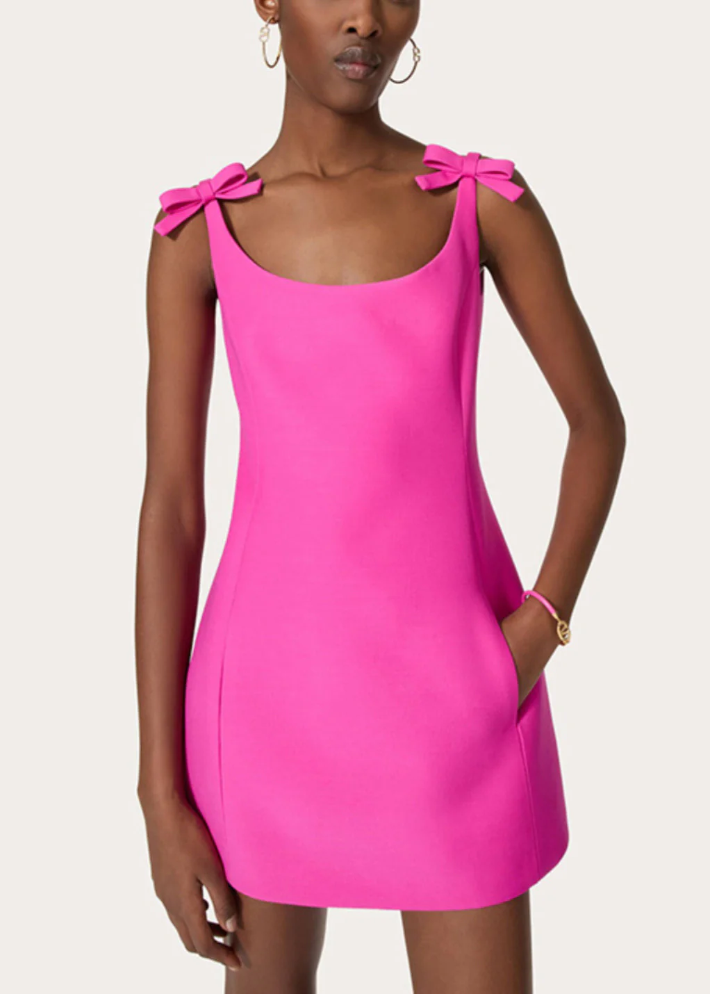 New Rose Bow Pockets Solid Cotton Mini Dress Sleeveless - Image 2