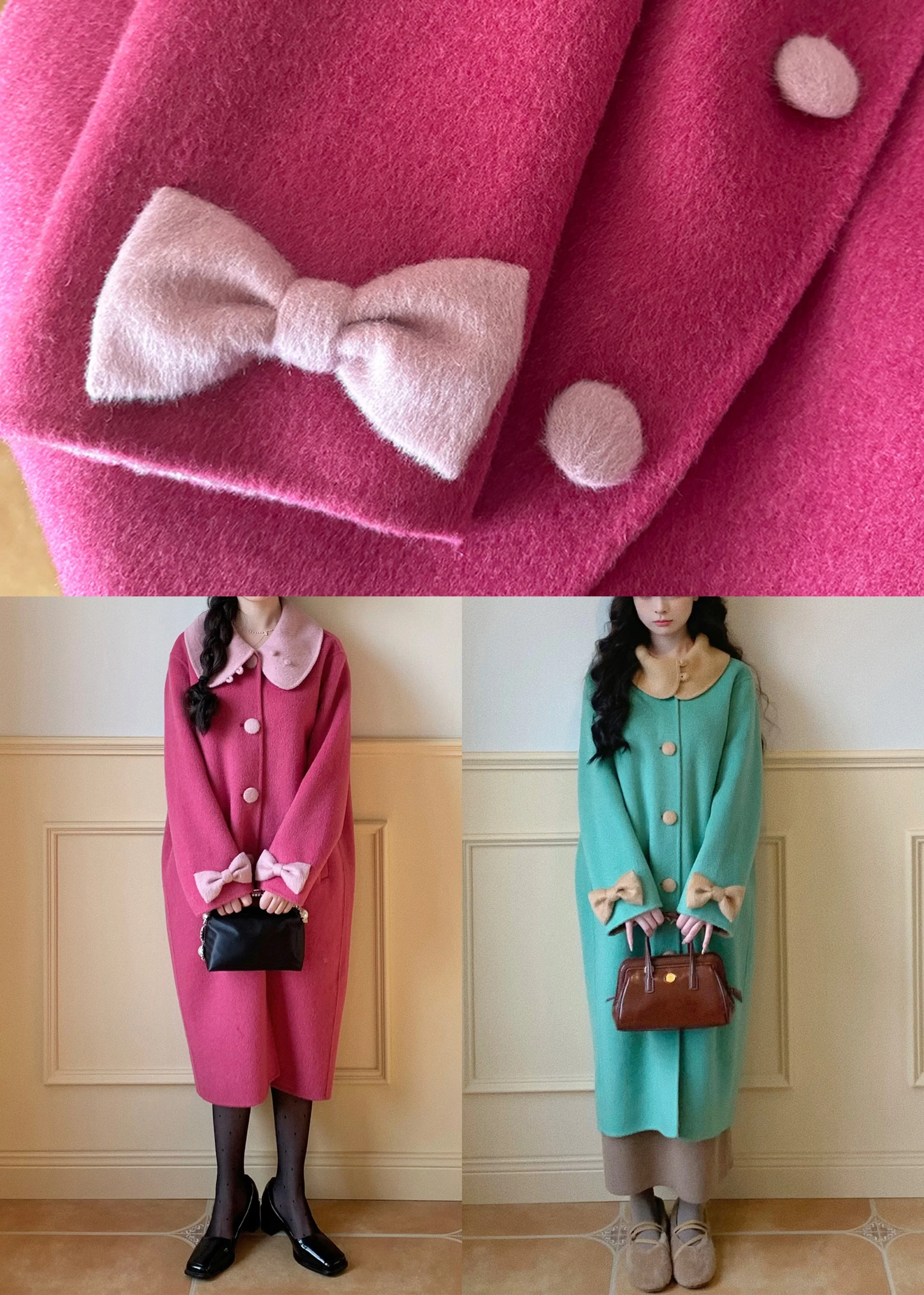 New Rose Peter Pan Collar Bow Wool Long Coats Winter - Image 5