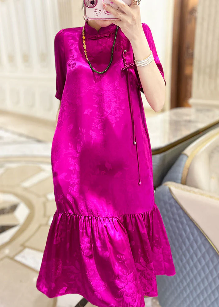 New Rose Stand Collar Button Pockets Silk Dresses Summer - Image 2