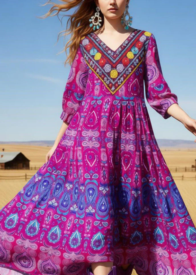 New Rose V Neck Print Cotton Long Dresses Summer - Image 2