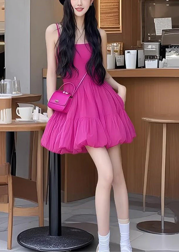 New Rose Wrinkled Solid Cotton Spaghetti Strap Dress Sleeveless - Image 4