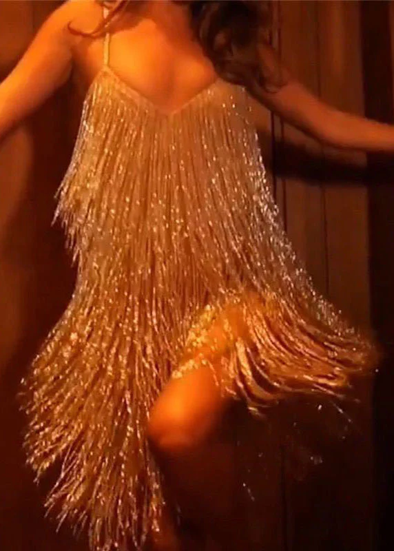 New Sexy V-Neck Gold Tassel Sequined Suspender Dress - Image 2