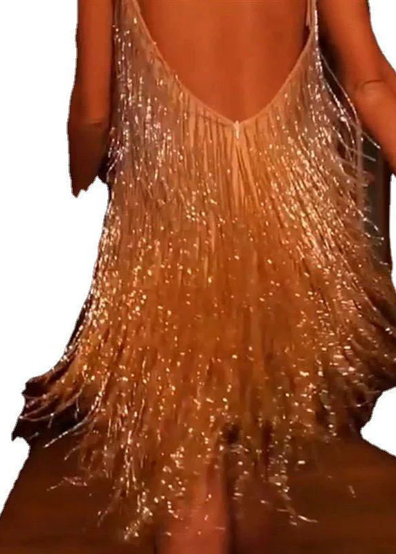 New Sexy V-Neck Gold Tassel Sequined Suspender Dress - Image 5