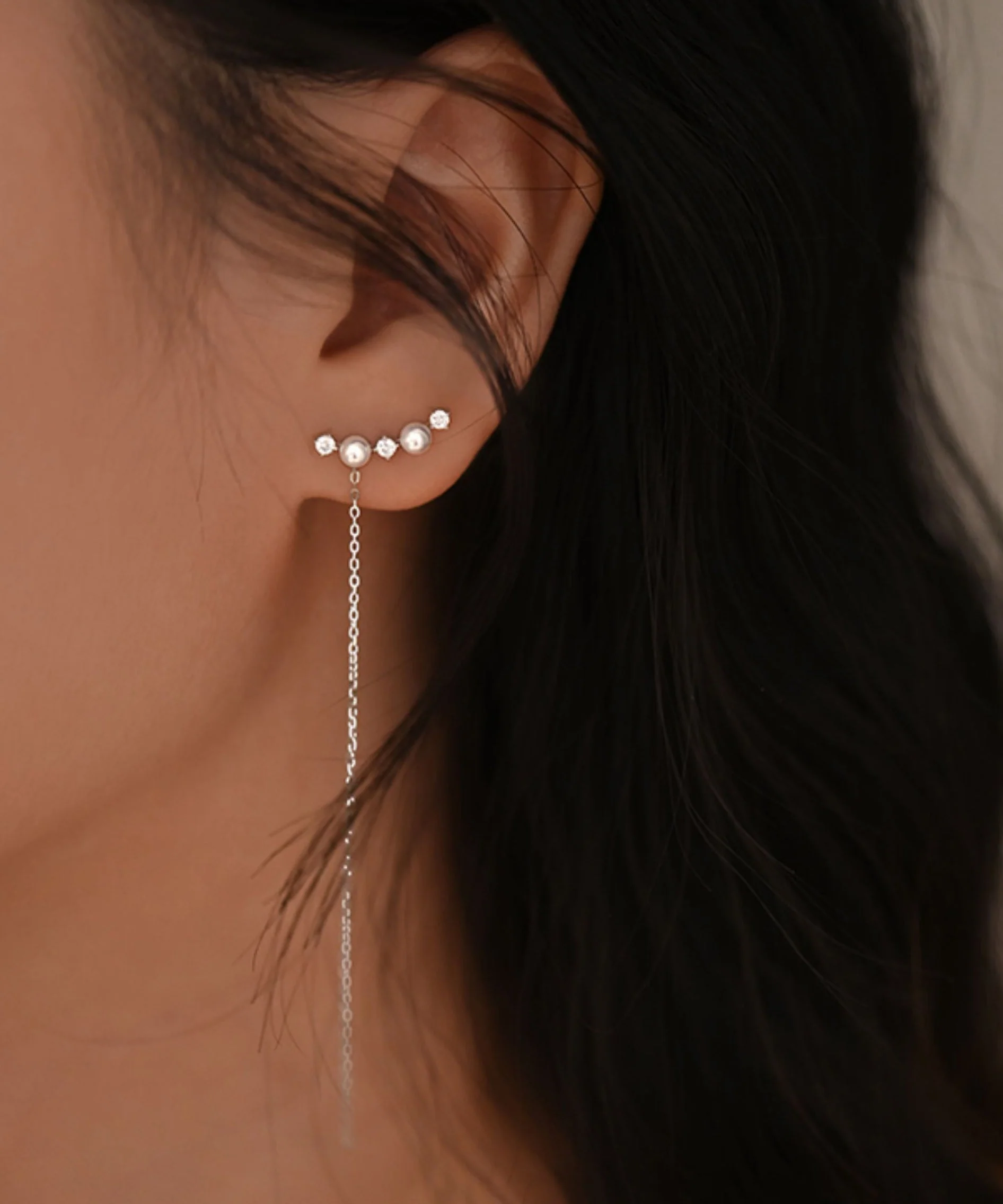 New Silver Tassel Pearl Zircon Silver Drop Earrings - Image 3
