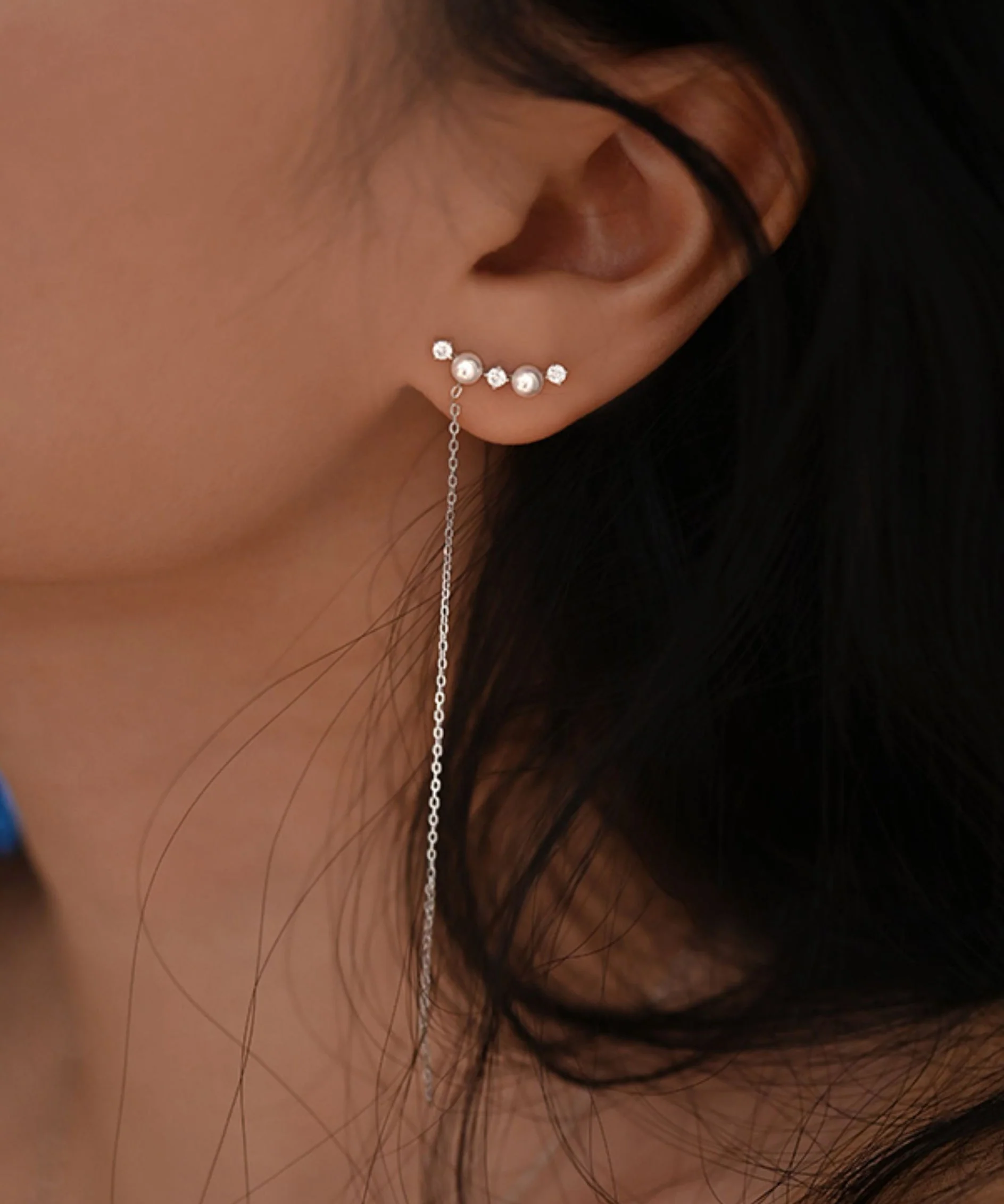 New Silver Tassel Pearl Zircon Silver Drop Earrings - Image 4