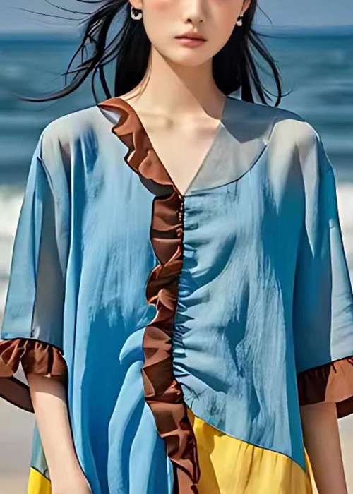 New Sky Blue V Neck Ruffled Patchwork Cotton Dress Butterfly Sleeve - Image 3