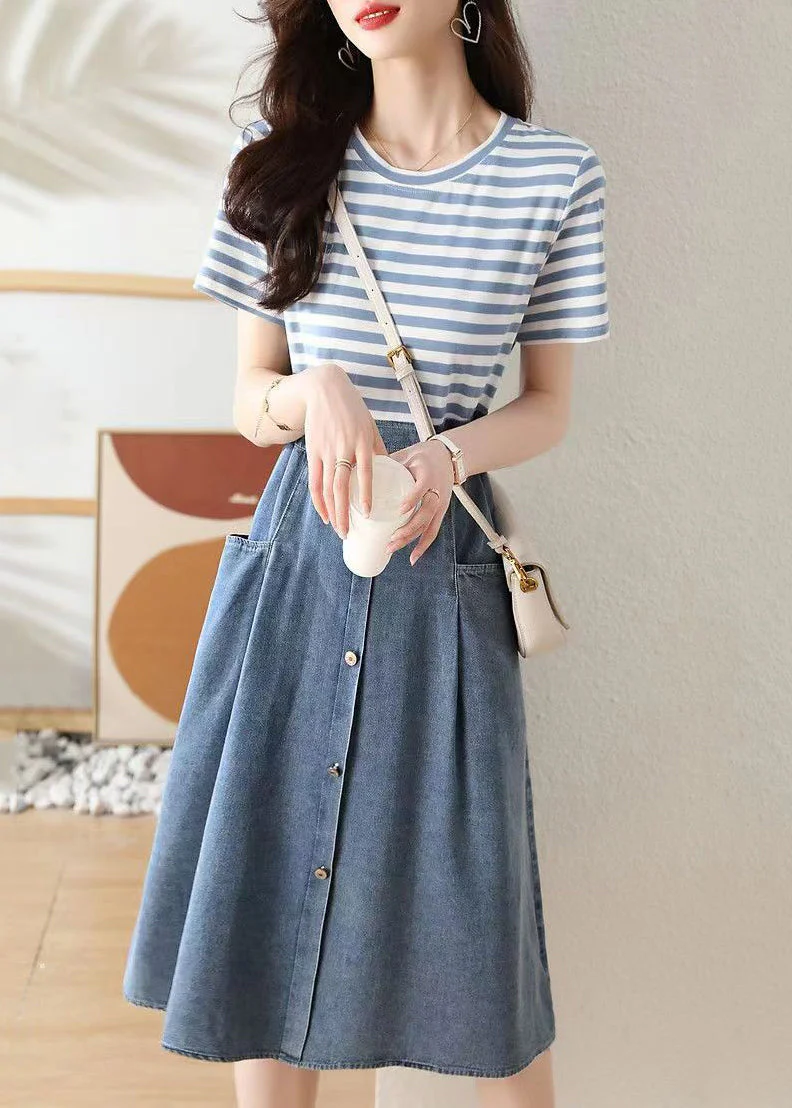 New Striped Drawstring Pockets Patchwork Cotton Dresses Summer - Image 2