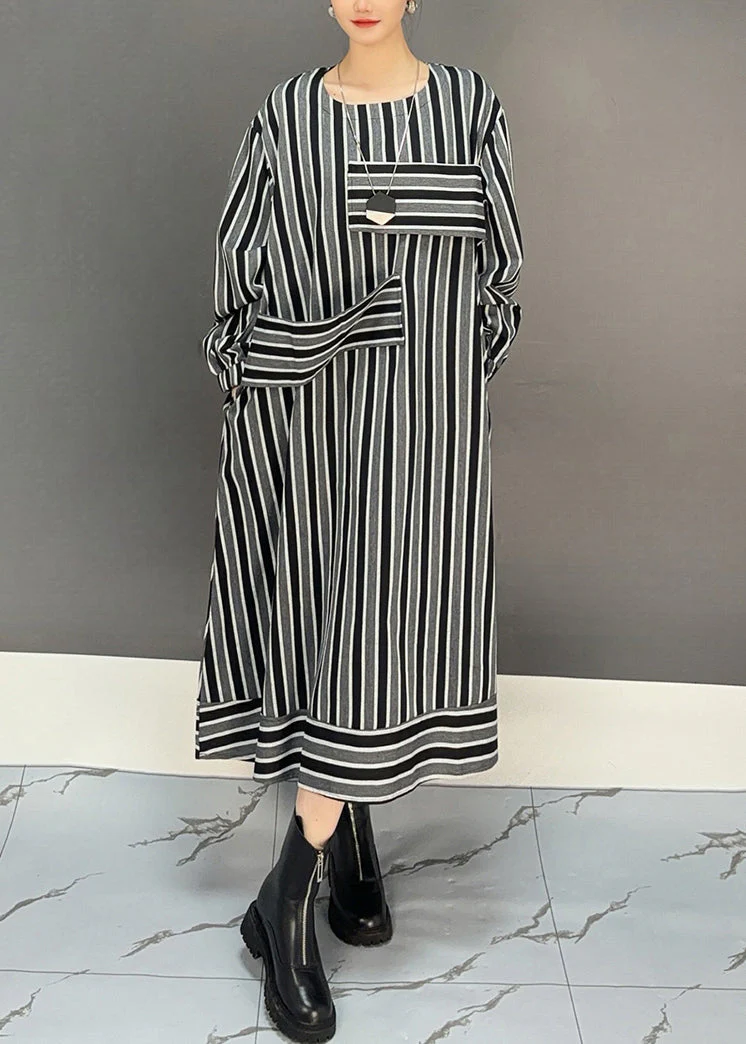 New Striped O Neck Pockets Cotton Long Dress Fall - Image 4