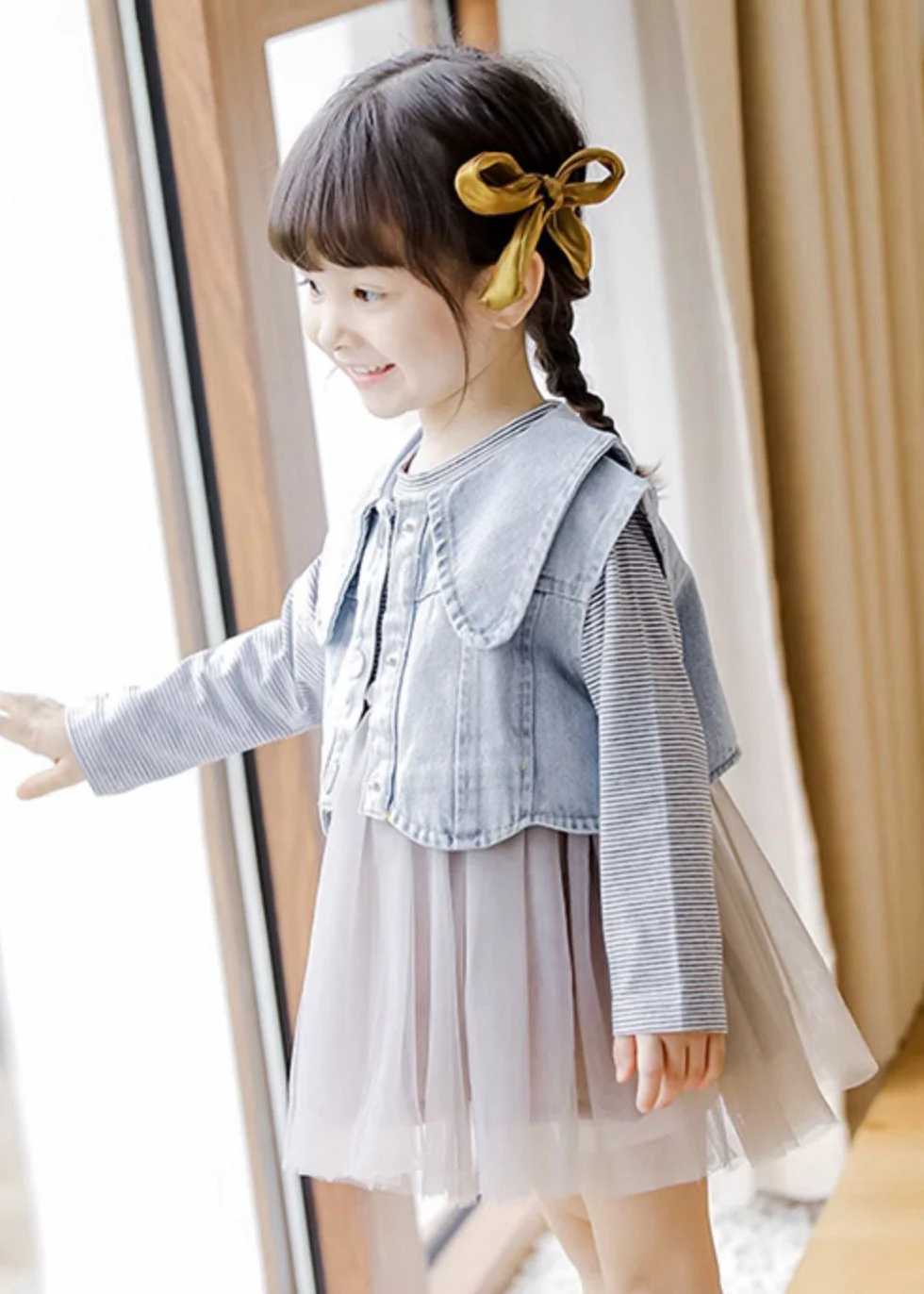 New Striped Patchwork Waistcoat And Dress Cotton Girls Two Pieces Set Fall - Image 2