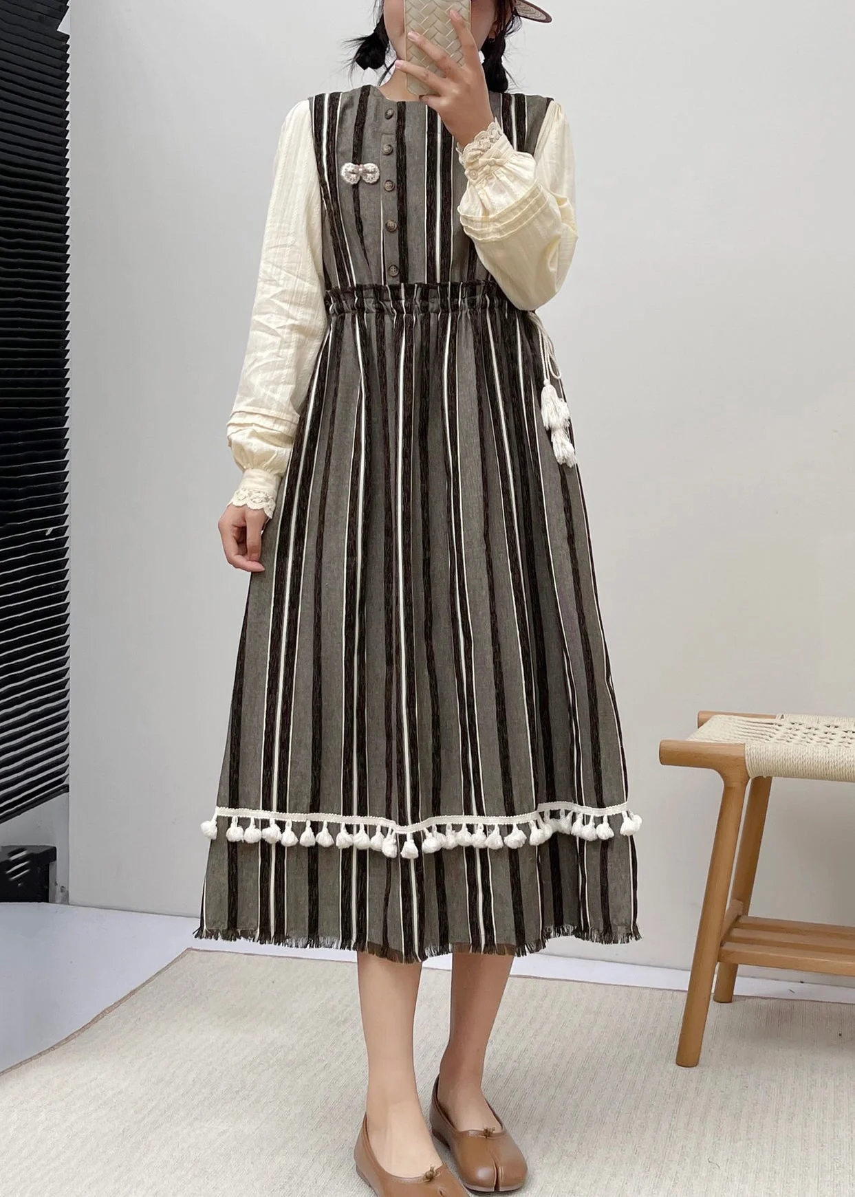 New Striped Ruffled Pockets Lace Up Cotton Dress Sleeveless - Image 2
